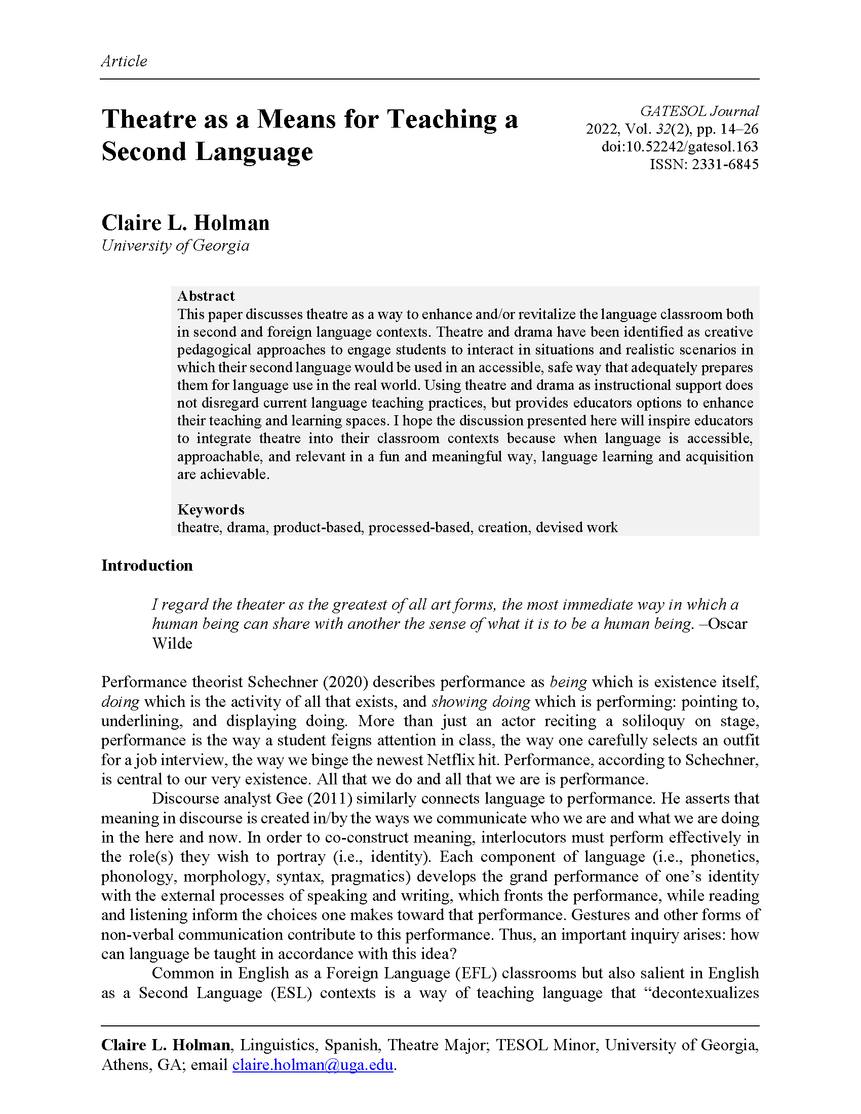 Theatre as a Means for Teaching a Second Language (Holman, 2022)
